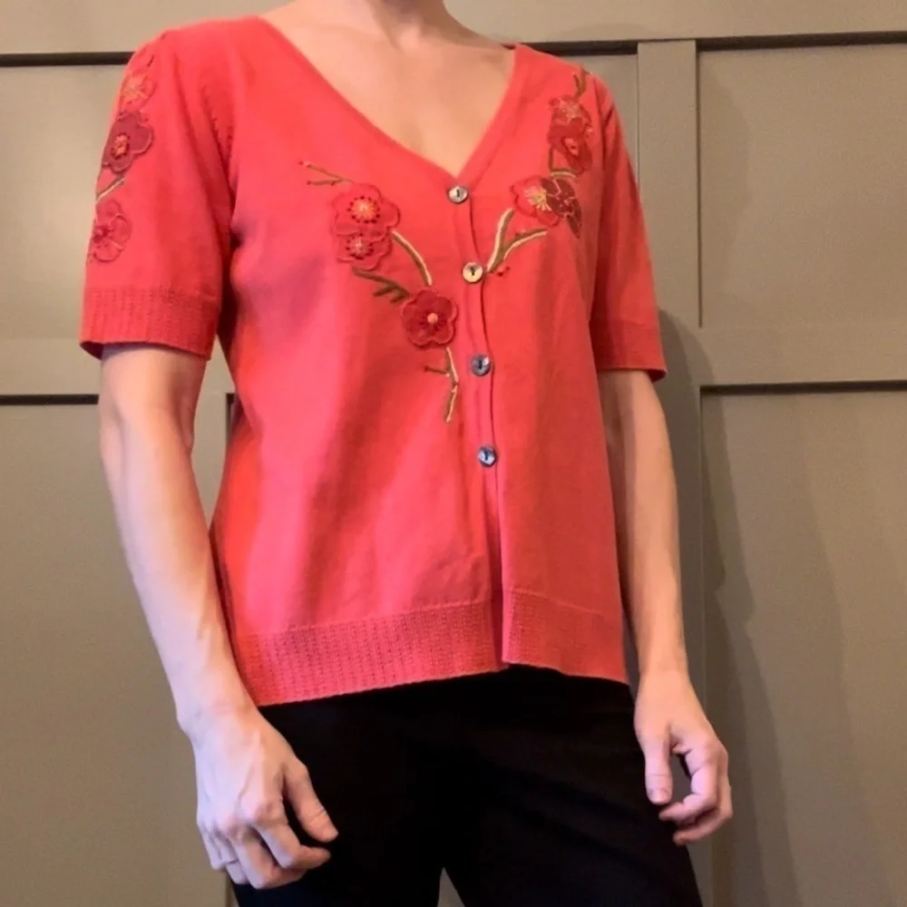 Icelandic Design Embroidered Knit Button Front Cardigan Sweater Short Sleeve Med